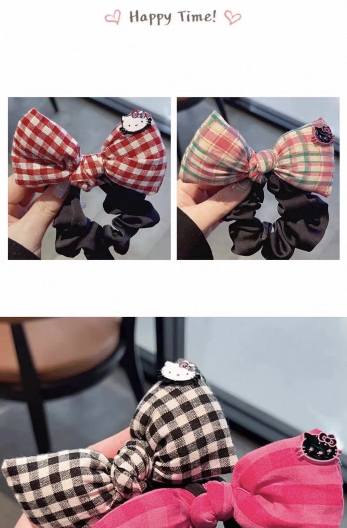 2025新款可爱卡通KT猫蝴蝶结发圈发饰女生头饰格纹高马尾发绳皮筋儿童发夹详情图7