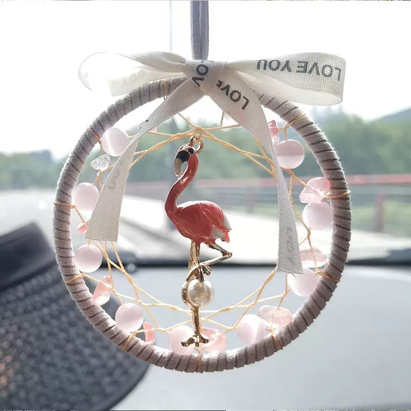 Original new flamingo design car rearview mirror pendant decoration, hand-woven gift in ins style details Picture