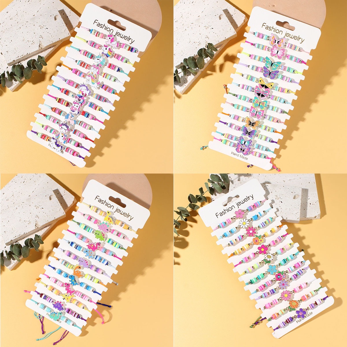 热销儿童彩虹蝴蝶手链韩式软陶编织卡通动物彩色手绳饰品批发 跨境热销卡通蝴蝶独角兽手串儿童软陶花朵恐龙手链套装彩色多巴胺 图