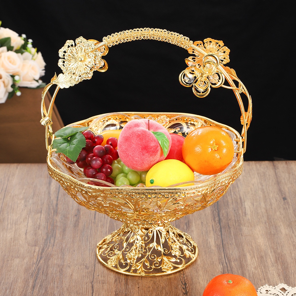 欧式手提婚庆摆放干果，糖果，糕点水果盘精美轻奢工艺品客厅家用摆件金属水果零食金色果盘产品图