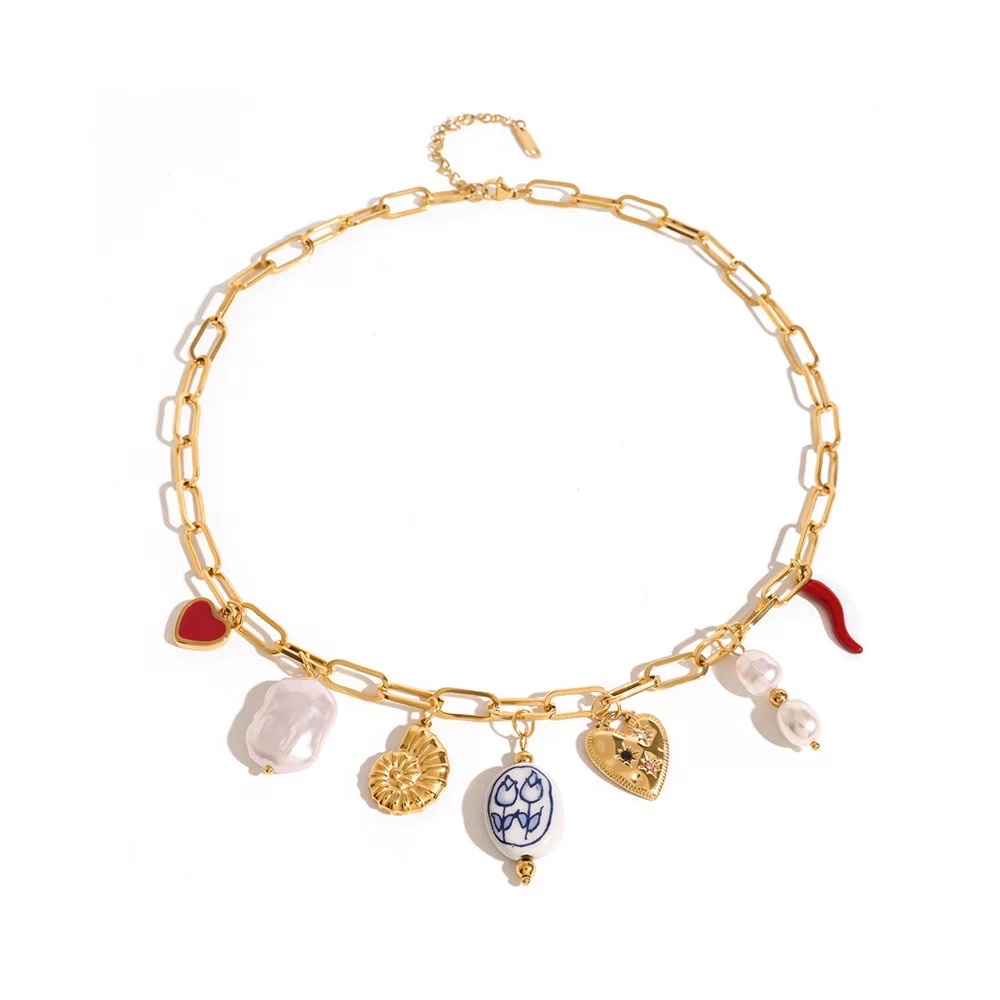 Stainless steel pearl heart-shaped conch pendant necklace, vacation style ocean neck jewelry, foreign trade ins style accessory for women detail image 4