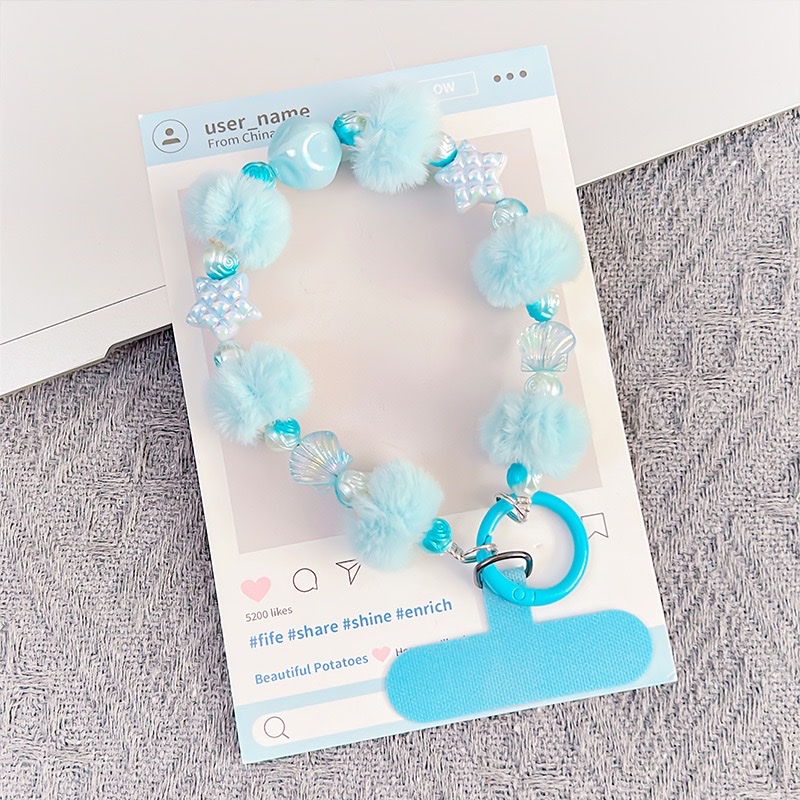 可爱毛球星星贝壳手链手机挂耳机套挂饰包包挂件钥匙扣挂件 钥匙扣钥匙扣白底实物图