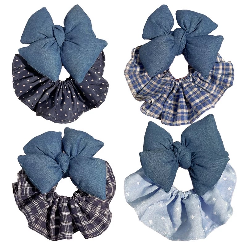 Denim blue large intestine hair band, children's hair tie, girls' bow hair tie, hair flower, little girls' bun hair, leather band hair accessory Item Picture