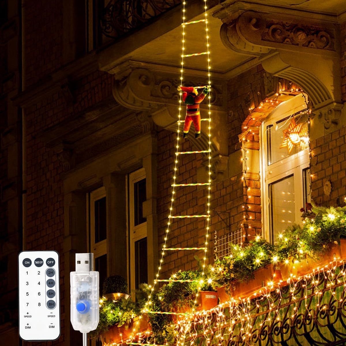 Christmas Santa Claus ladder LED hanging light, Christmas decorative ladder light, outdoor waterproof eave decorative color light string details Picture