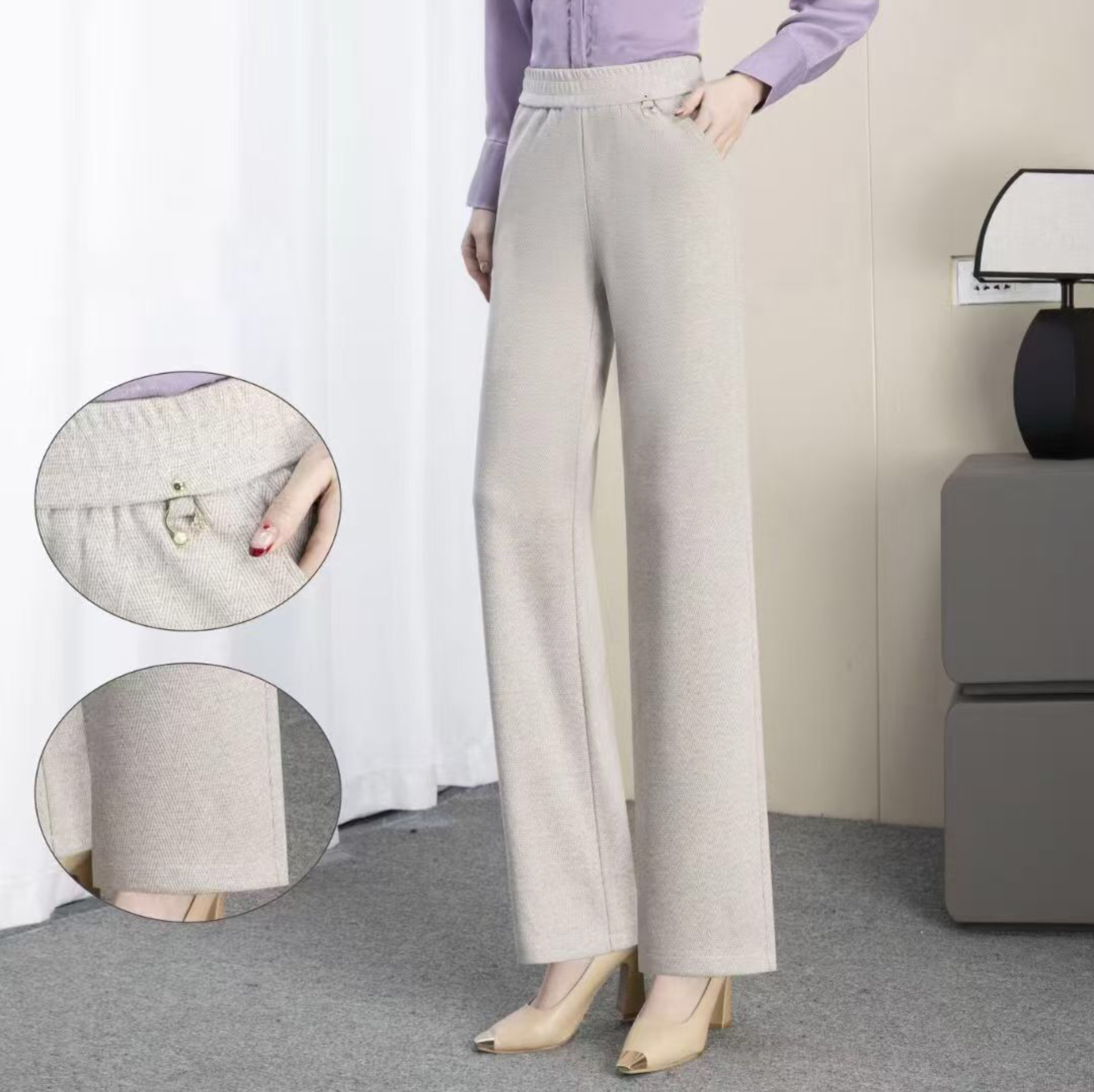 2025秋冬季女裤时尚流行款微喇裤腰弹力米色长裤