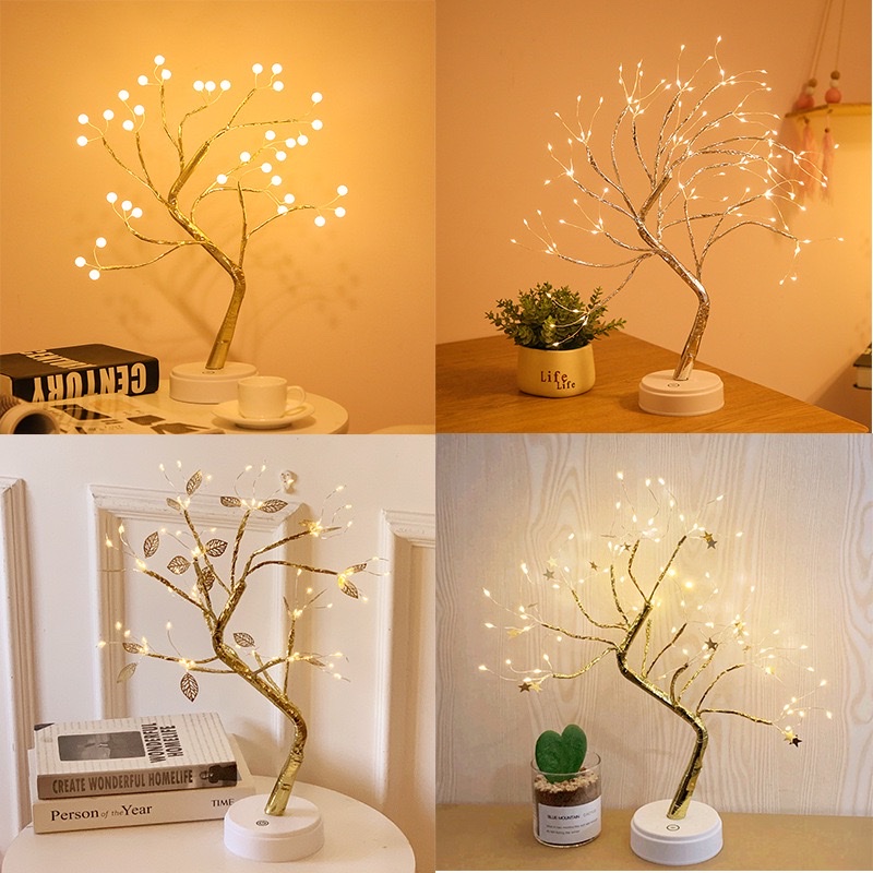 Christmas tree light, pearl tree light, new Christmas colored light, copper wire tree light, touch switch, starry sky small table lamp