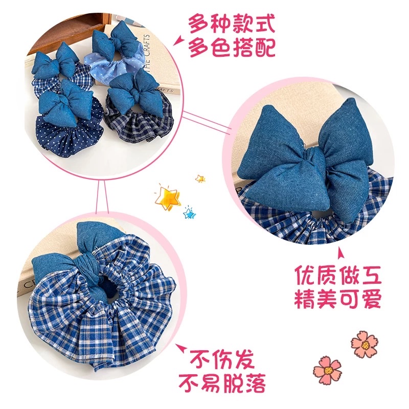 Denim blue large intestine hair band, children's hair tie, girls' bow hair tie, hair flower, little girls' bun hair, leather band hair accessory Specification image