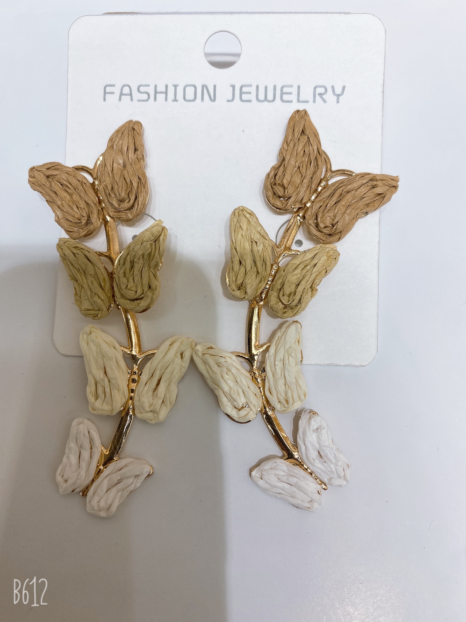 跨境热销波西米亚度假风手工编织拉菲草拼色深浅蝴蝶耳坠耳环批发 