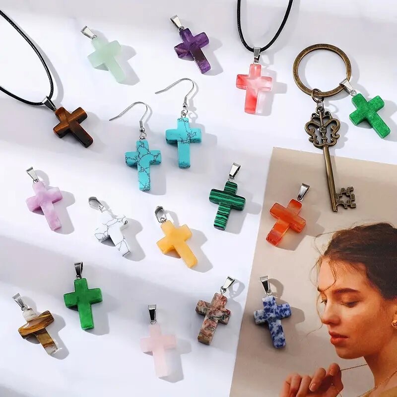 Natural stone cross, best-selling pendant on Amazon, stainless steel, natural crystal agate detail image 3
