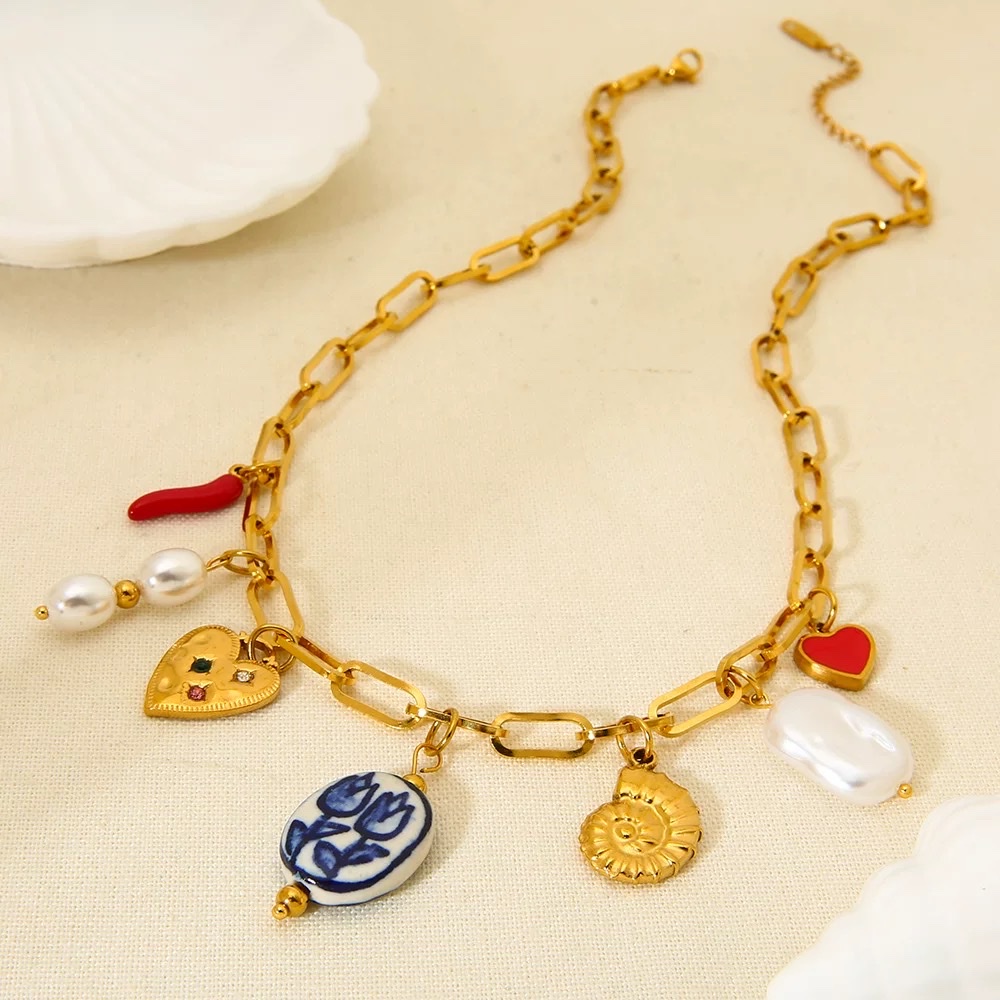 Stainless steel pearl heart-shaped conch pendant necklace, vacation style ocean neck jewelry, foreign trade ins style accessory for women details Picture