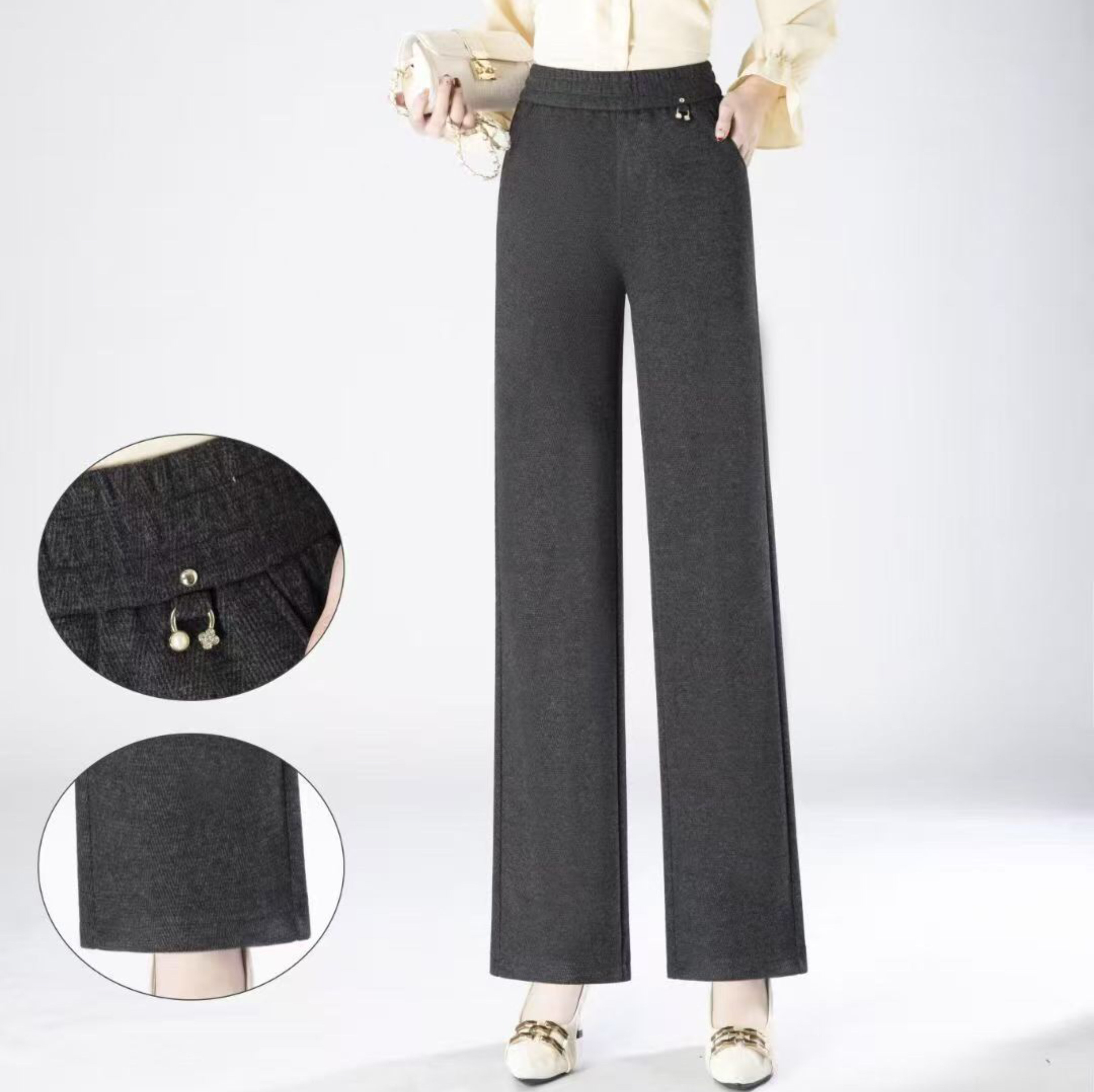 2025秋冬季女裤时尚流行款微喇裤腰弹力深灰长裤