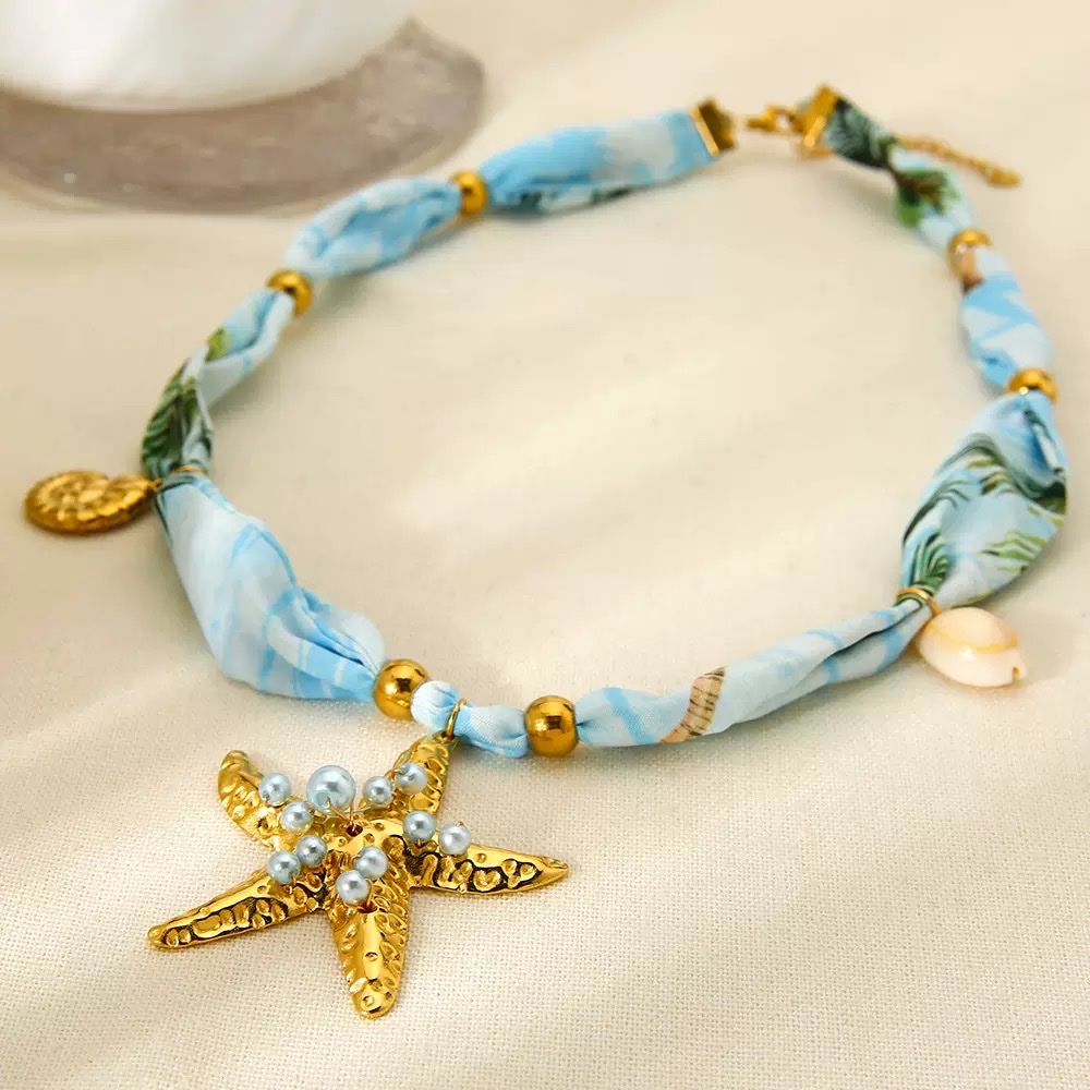 Cross-border starfish pendant, 18K gold plated stainless steel colorful silk scarf fabric necklace, Bohemian-style Marine jewelry stainless steel necklace Application Scenario