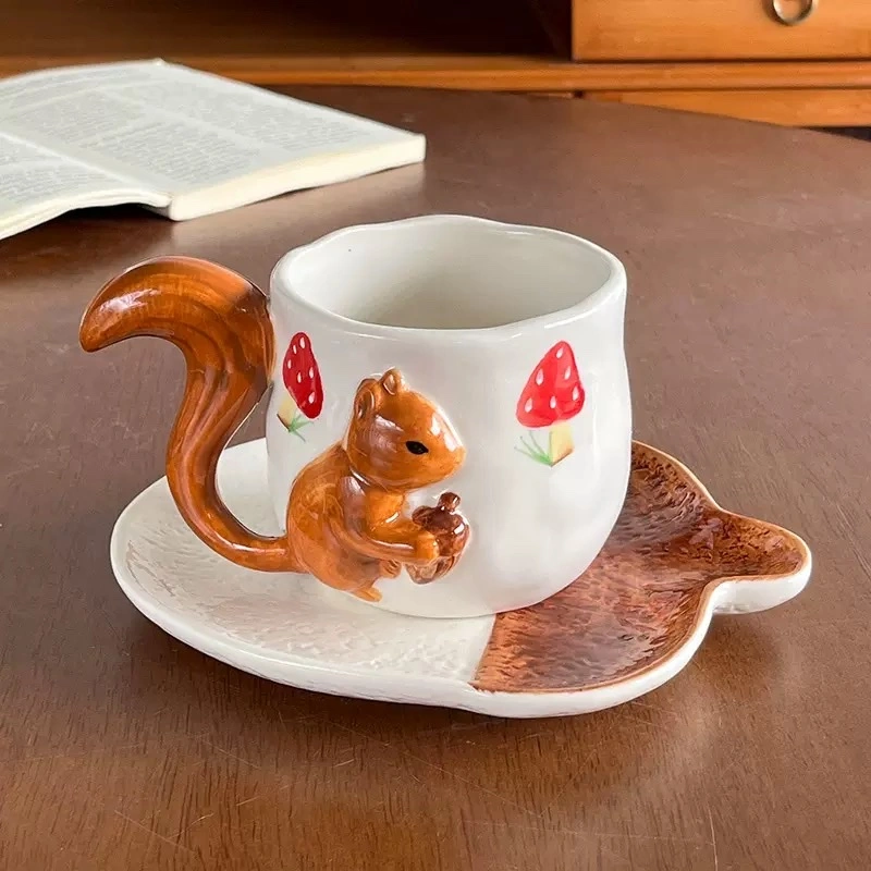 Cute hand-painted squirrel coffee cups and plates, underglaze colored irregular ceramic afternoon tea cups and plates, creative mugs and water cups detail image 4