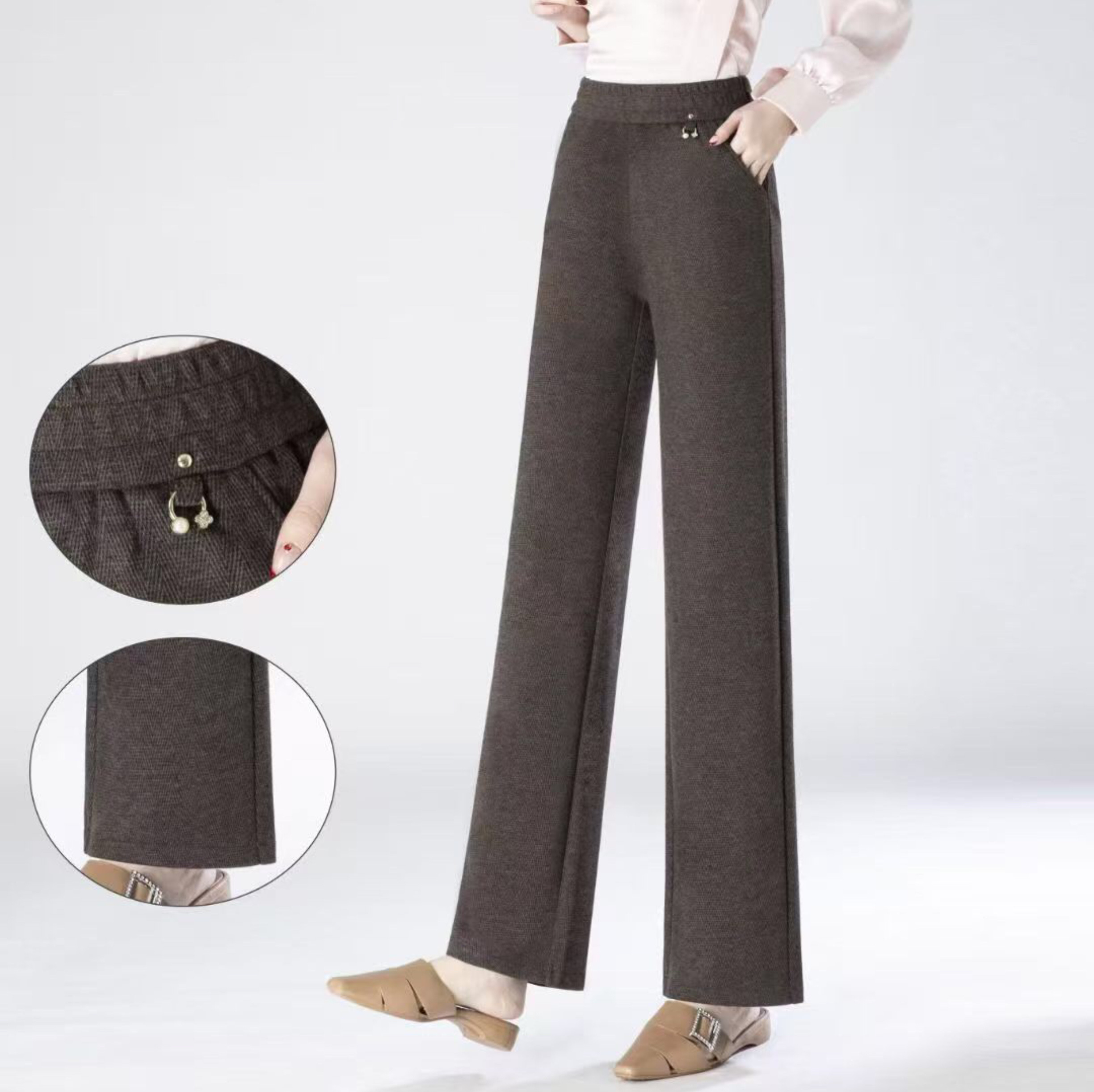 2025秋冬季女裤时尚流行款微喇裤腰弹力灰偏红长裤