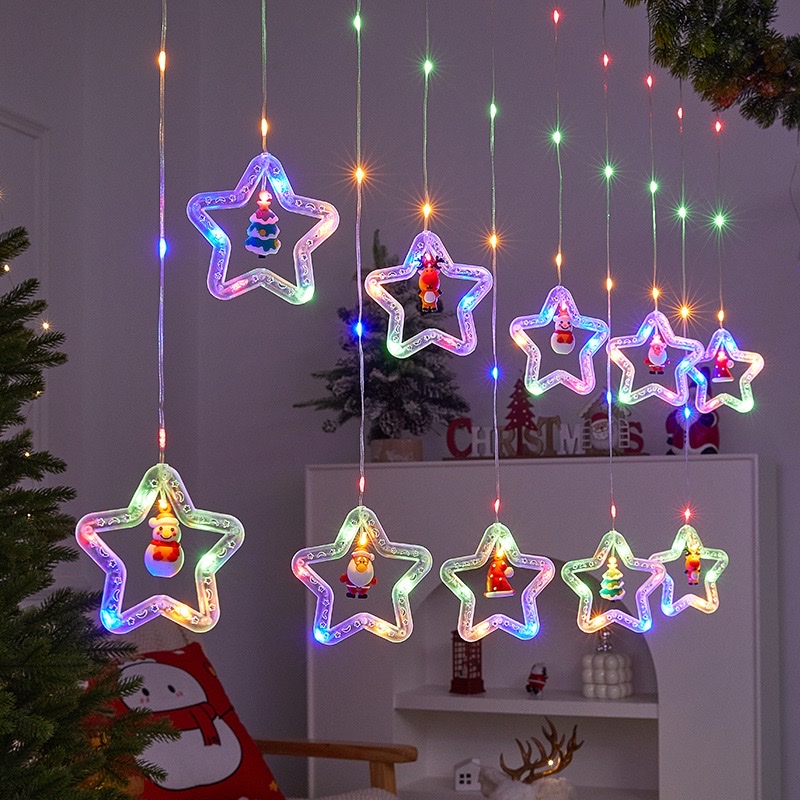 Christmas five-pointed star curtain lights, festival decoration lights, string leather lines, Christmas atmosphere decoration, creative wishing ball lights