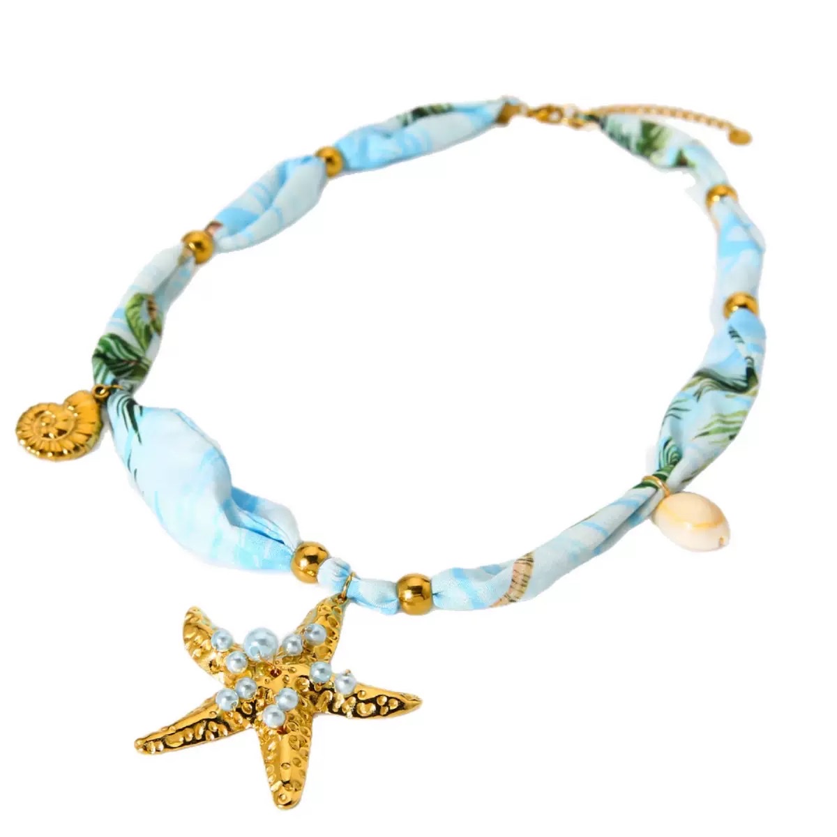 Cross-border starfish pendant, 18K gold plated stainless steel colorful silk scarf fabric necklace, Bohemian-style Marine jewelry stainless steel necklace Specification image