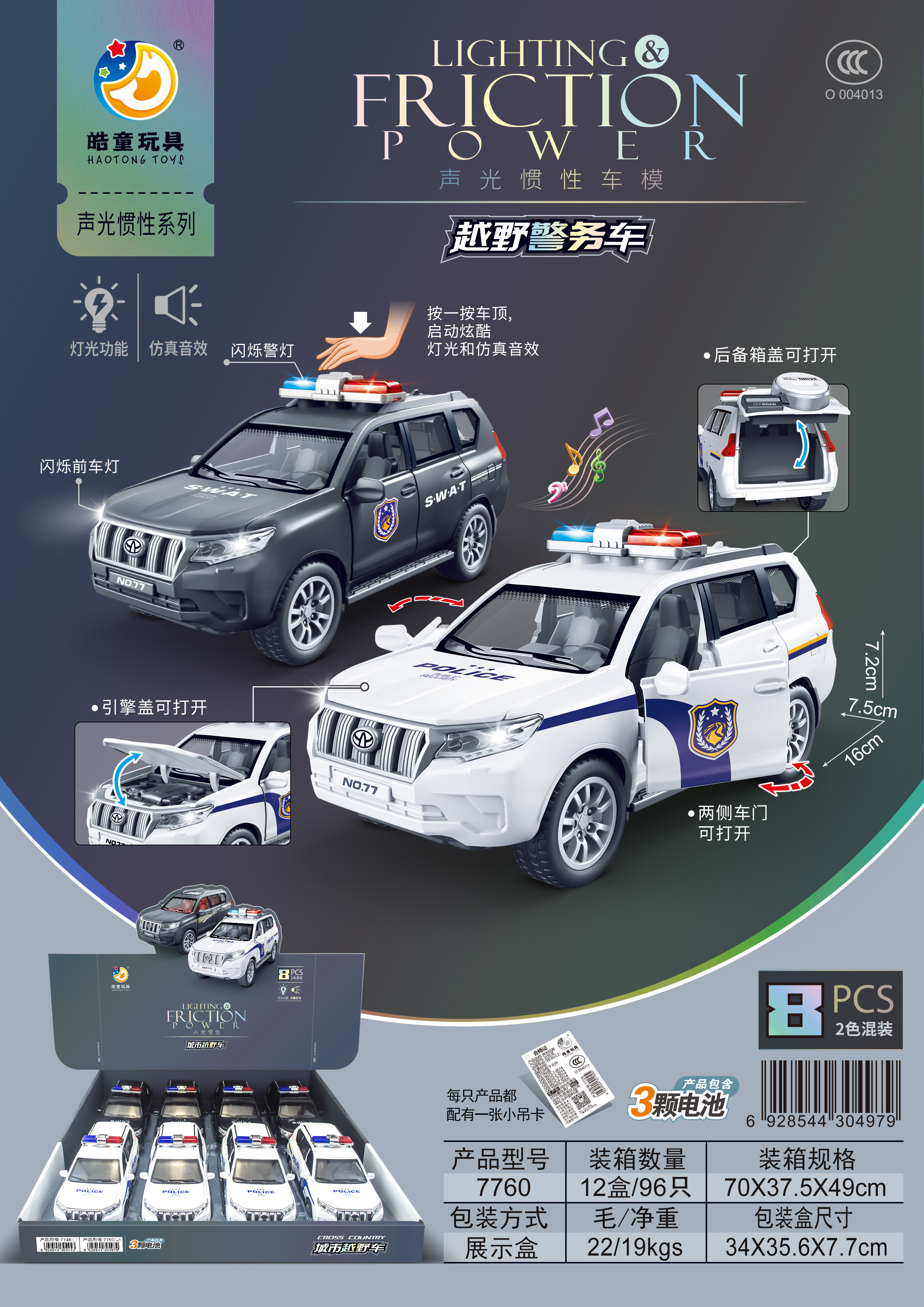 A model car of a sound and light inertial police car