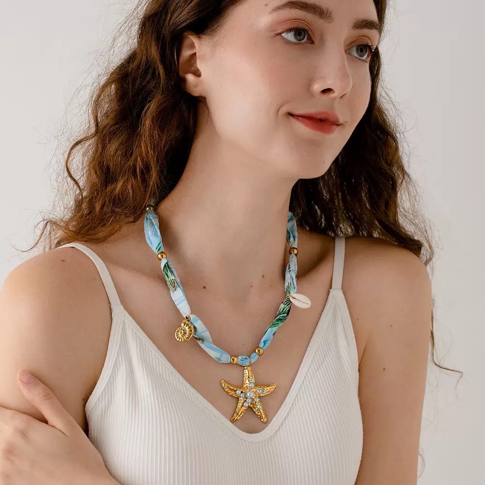Cross-border starfish pendant, 18K gold plated stainless steel colorful silk scarf fabric necklace, Bohemian-style Marine jewelry stainless steel necklace