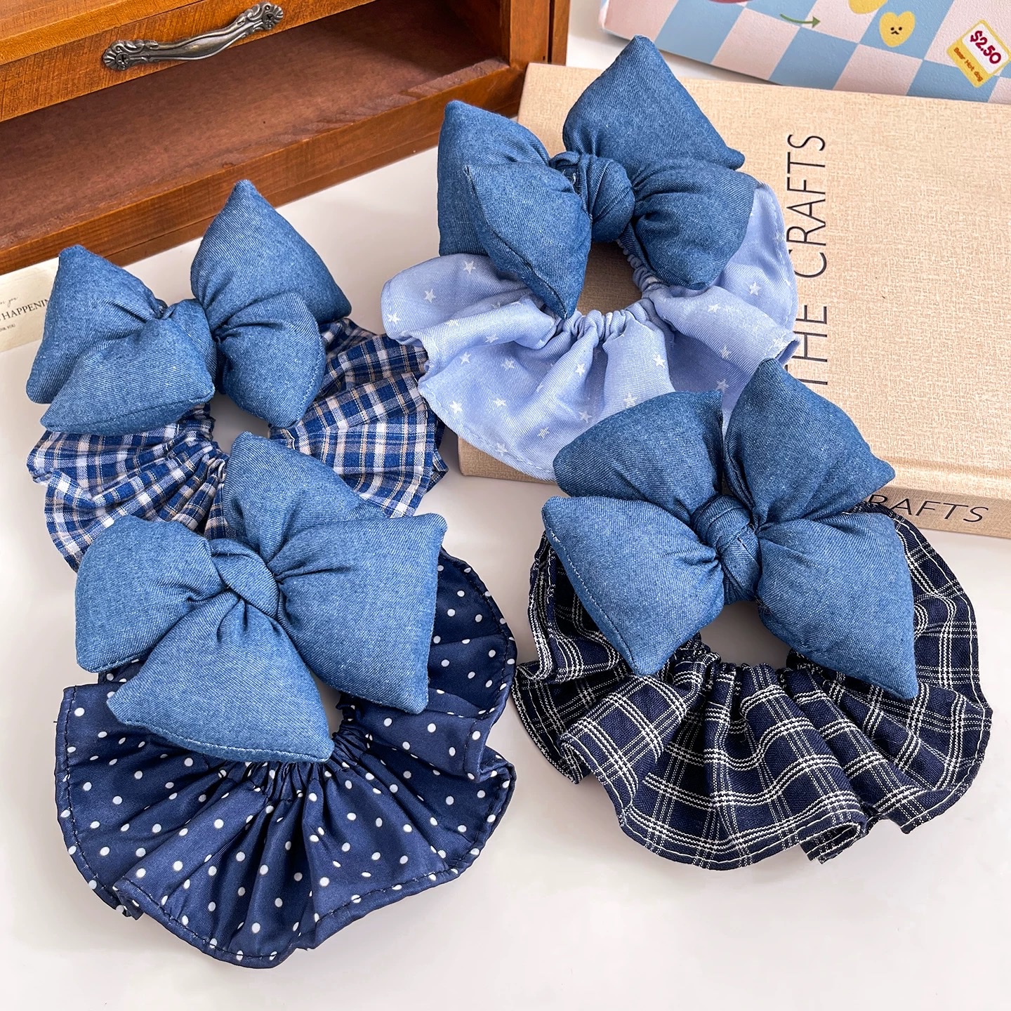 Denim blue large intestine hair band, children's hair tie, girls' bow hair tie, hair flower, little girls' bun hair, leather band hair accessory details Picture
