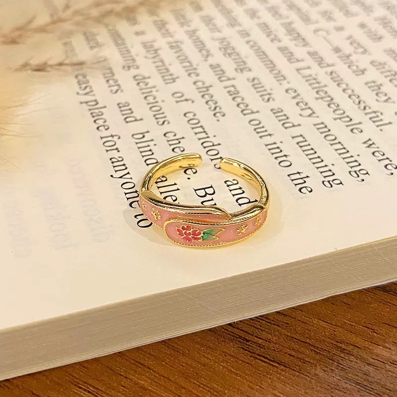 "Lost Flower Bud" New Chinese-style enamel oil drip pattern ring, with a light luxury and high-end feel, is a trendy and stylish versatile ring Item Picture