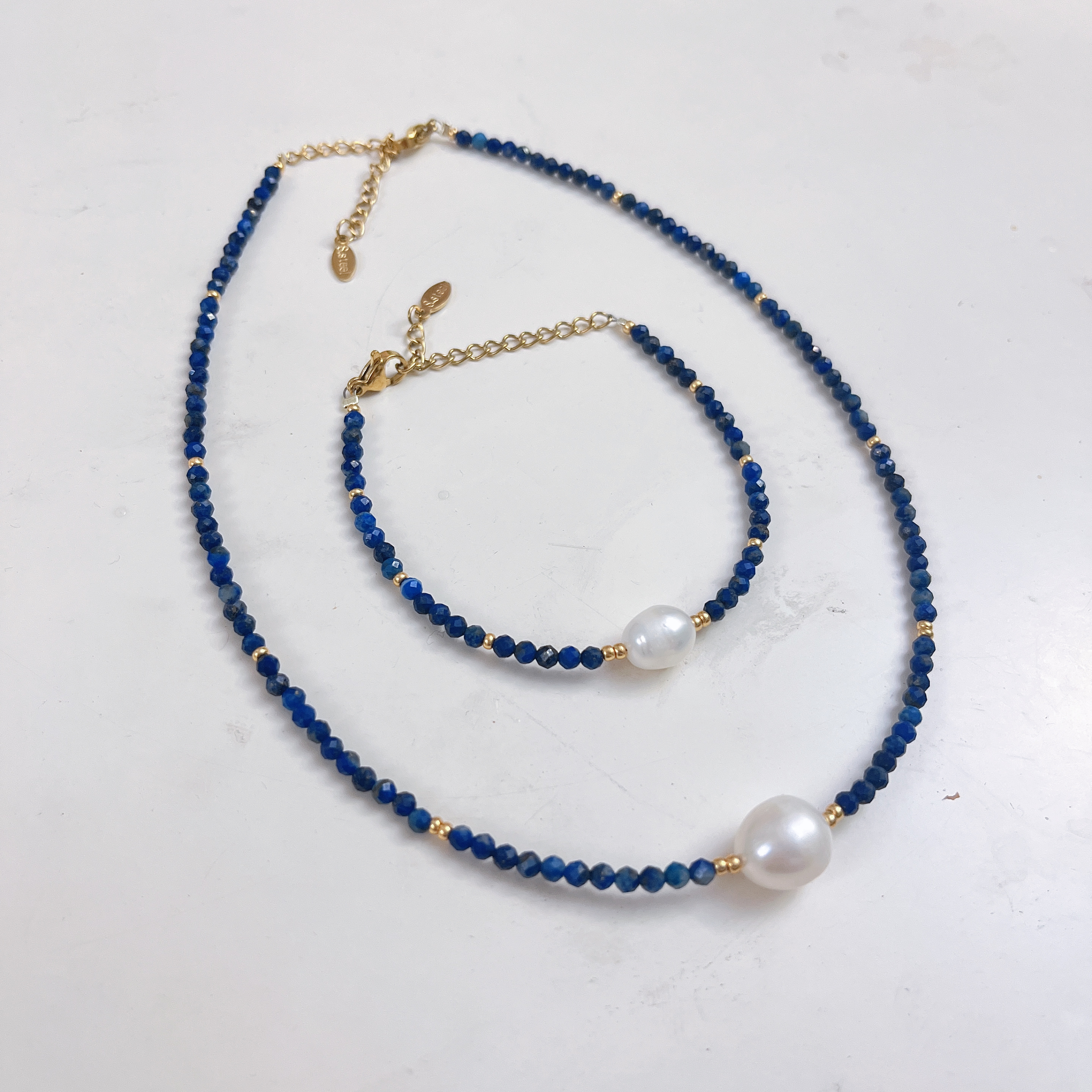 Yunyi Shijia Natural Lapis lazuli paired with freshwater pearl jewelry set Bracelet Necklace High-end and simple natural crystal stone set
