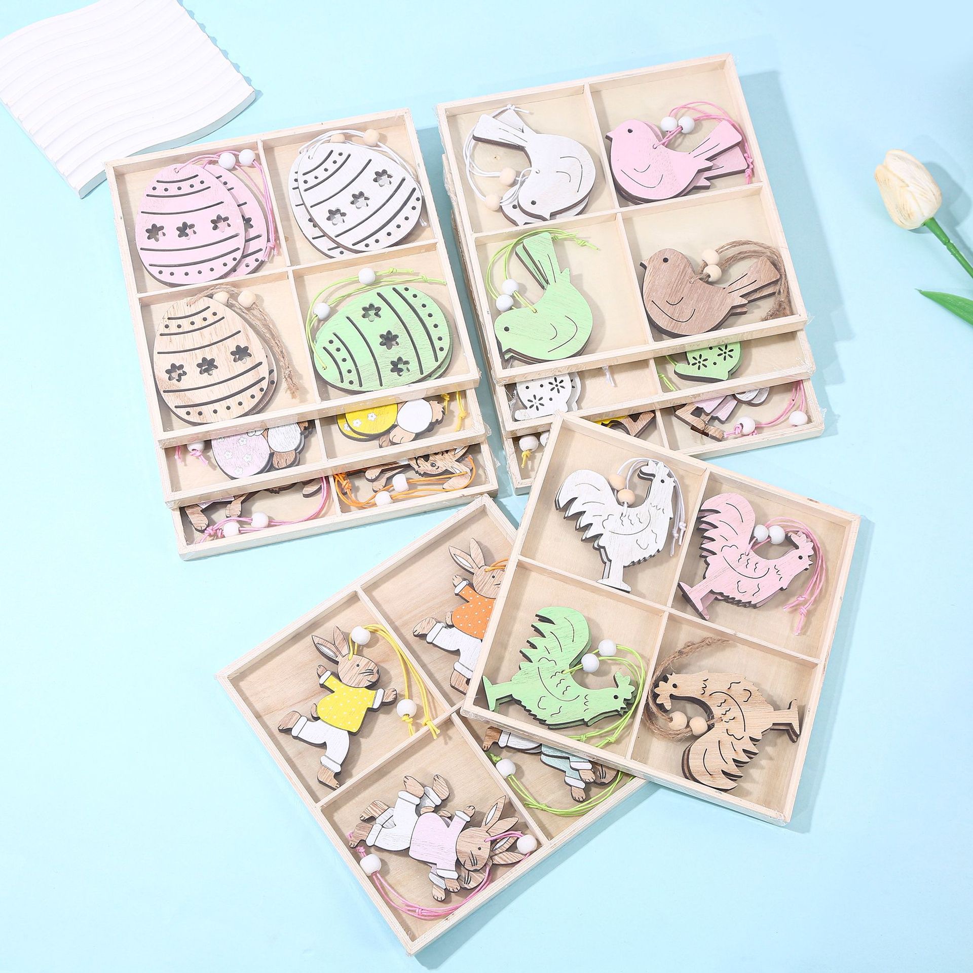 Creative wooden craft pendants, Easter party decorations, small animal trays, box-packed ornaments, cross-border Specification image