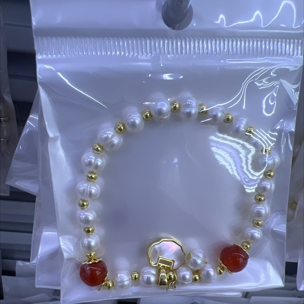 轻奢复古新中式平安锁天然珍珠贝母手链女国风设计师小众手环手饰白底实物图