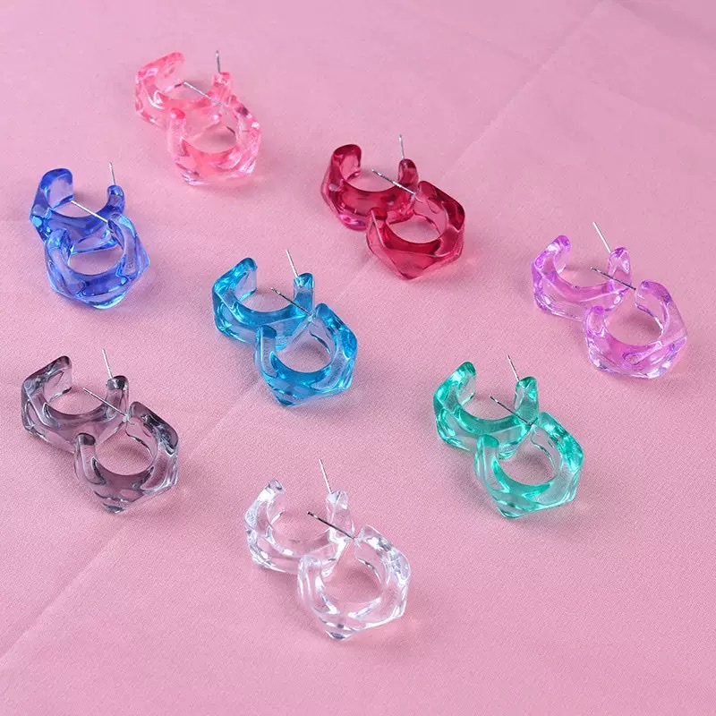 外贸新款几何透明果冻彩色耳环女个性简约C形菱形耳圈小清新耳饰耳钉