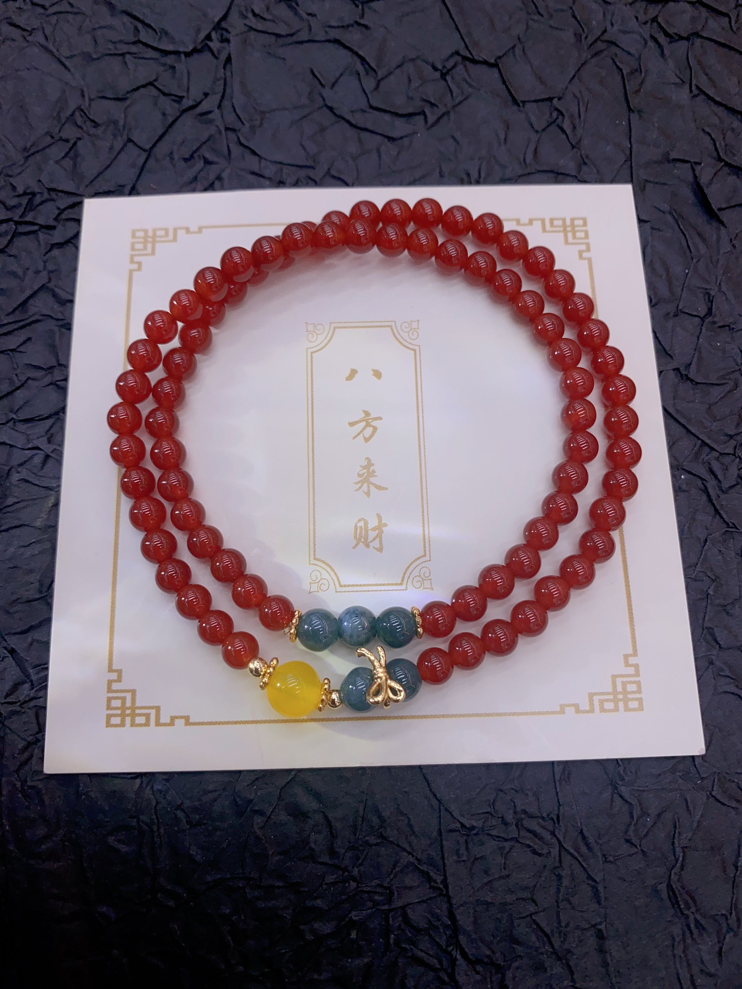 天然红玛瑙双圈手链女配蓝水翡翠蝴蝶结手串