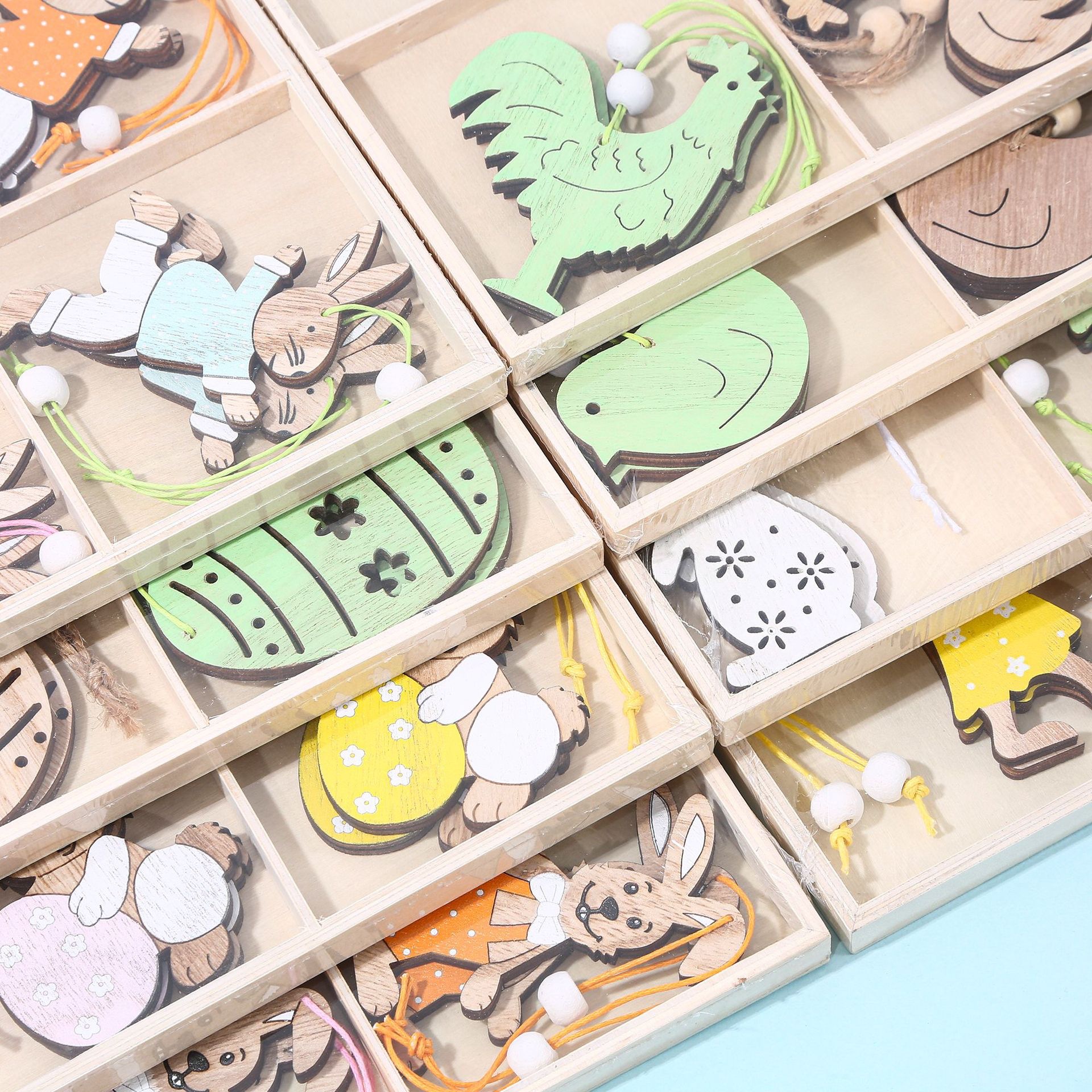 Creative wooden craft pendants, Easter party decorations, small animal trays, box-packed ornaments, cross-border details Picture