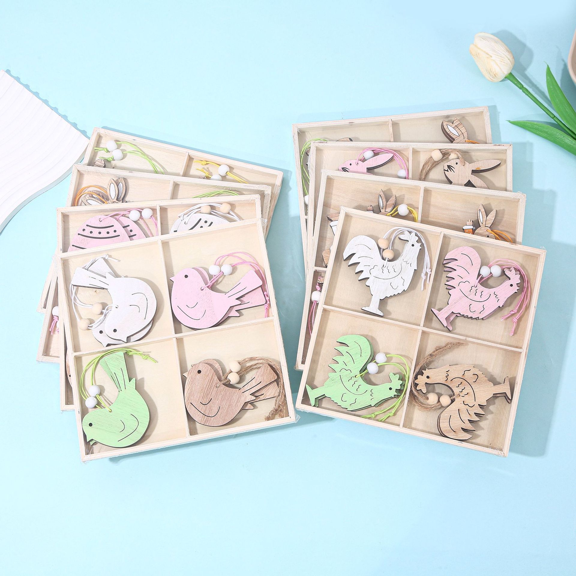 创意木质工艺品挂件复活节派对装饰品小动物托盘盒装摆件跨境 