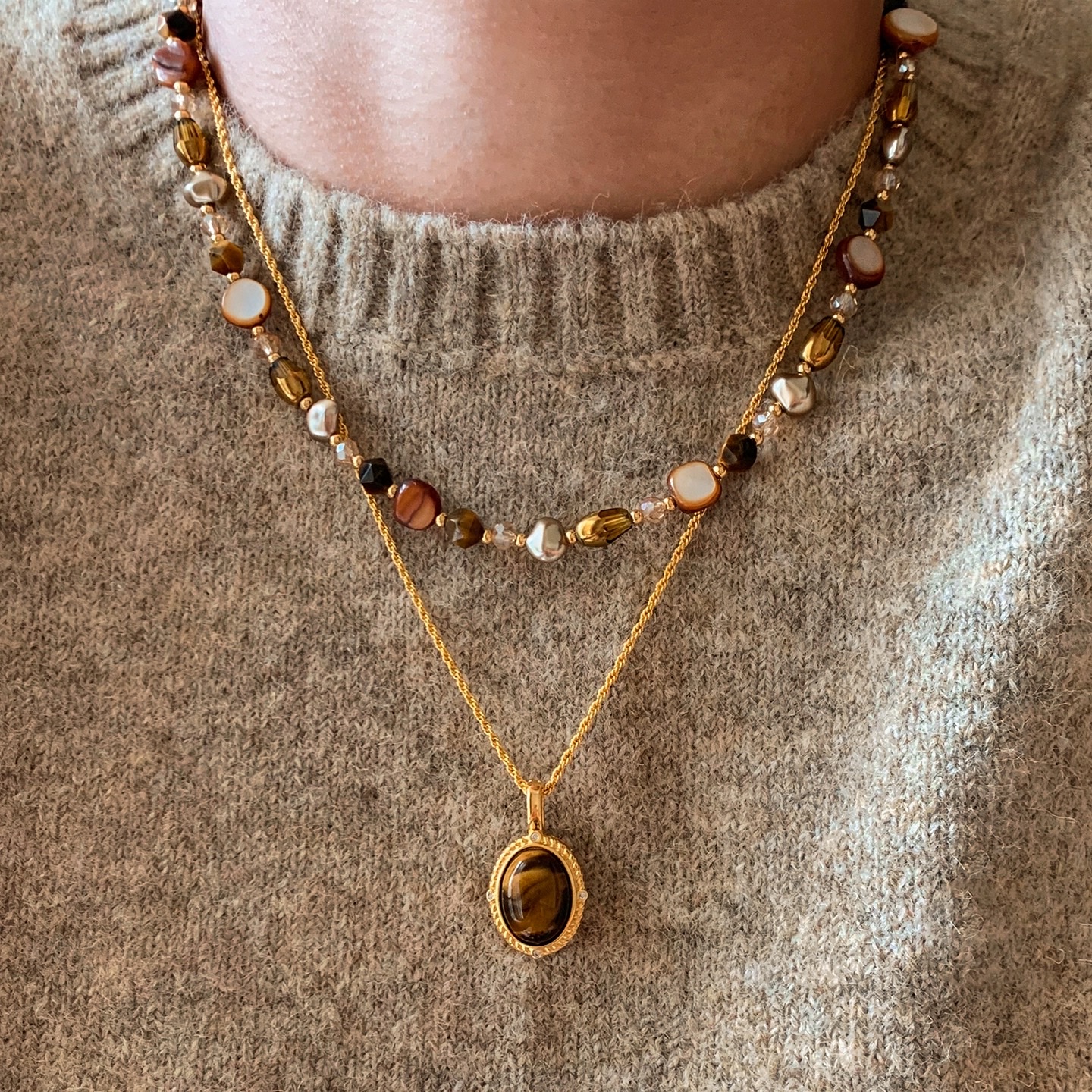 天然虎眼石美拉德穿搭串珠项链女配饰2025新款高级感锁骨链毛衣链