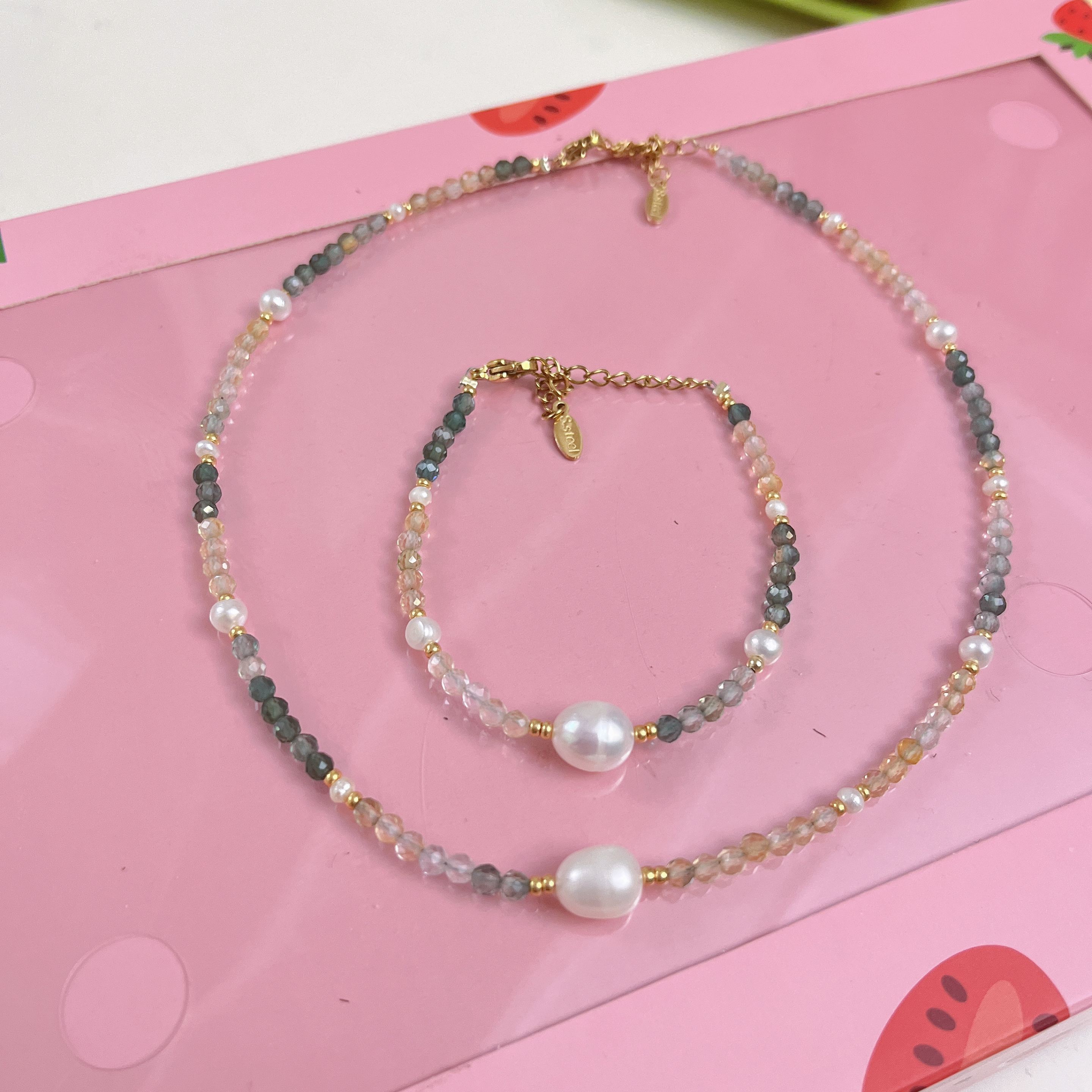 云逸饰家 天干水晶石搭配淡水珍珠手链项链套装定制原创新款手饰项饰饰品套装详情4