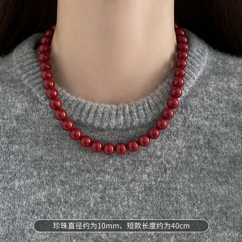 安可拉红色珍珠磁吸扣项链女轻奢气质锁骨链小众高级感颈链毛衣链项链项链详情图3