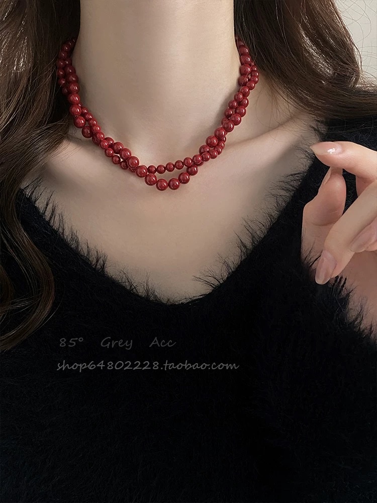 安可拉红色珍珠磁吸扣项链女轻奢气质锁骨链小众高级感颈链毛衣链项链项链细节图