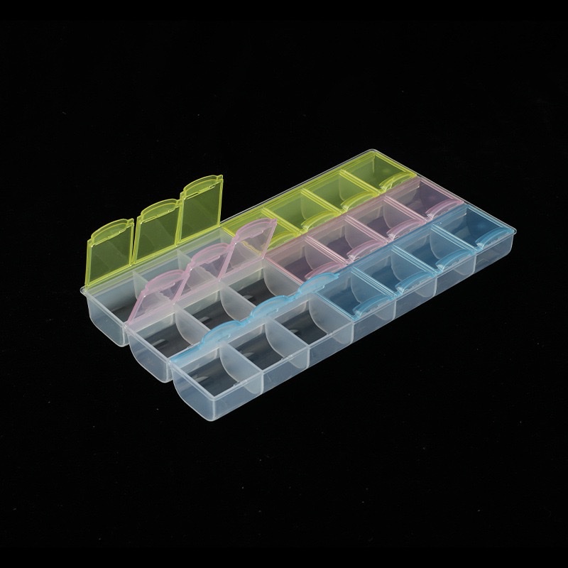 Factory stock: 3-row compartments storage box, diamond-encrusted box, 21-compartment medicine box storage box with words, transparent plastic storage box details Picture