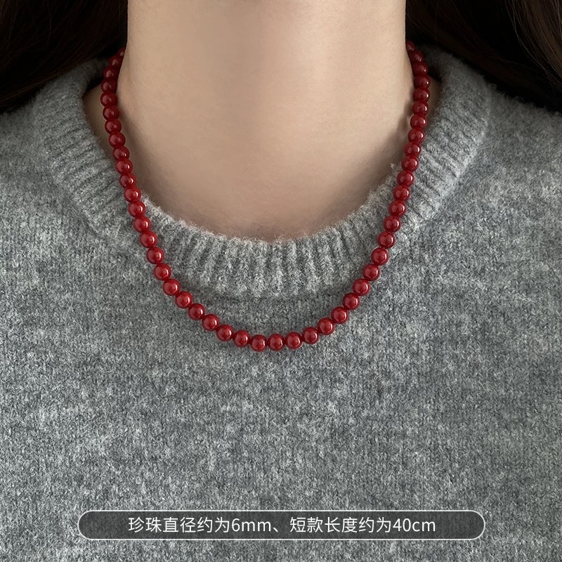 安可拉红色珍珠磁吸扣项链女轻奢气质锁骨链小众高级感颈链毛衣链项链项链详情图5