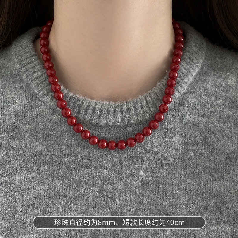 安可拉红色珍珠磁吸扣项链女轻奢气质锁骨链小众高级感颈链毛衣链项链项链详情图4