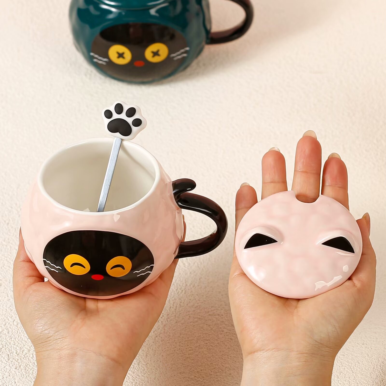 创意陶瓷马克杯牛奶早餐咖啡水杯礼品可爱猫咪带盖带猫爪勺红色粉色白色造型可爱女生卡通详情图8