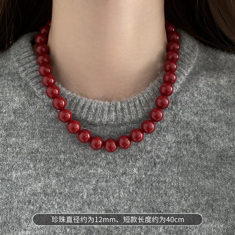 安可拉红色珍珠磁吸扣项链女轻奢气质锁骨链小众高级感颈链毛衣链项链项链详情图2