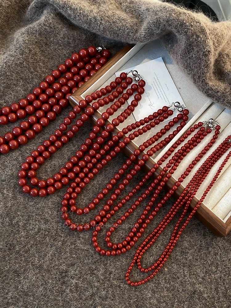 安可拉红色珍珠磁吸扣项链女轻奢气质锁骨链小众高级感颈链毛衣链项链项链