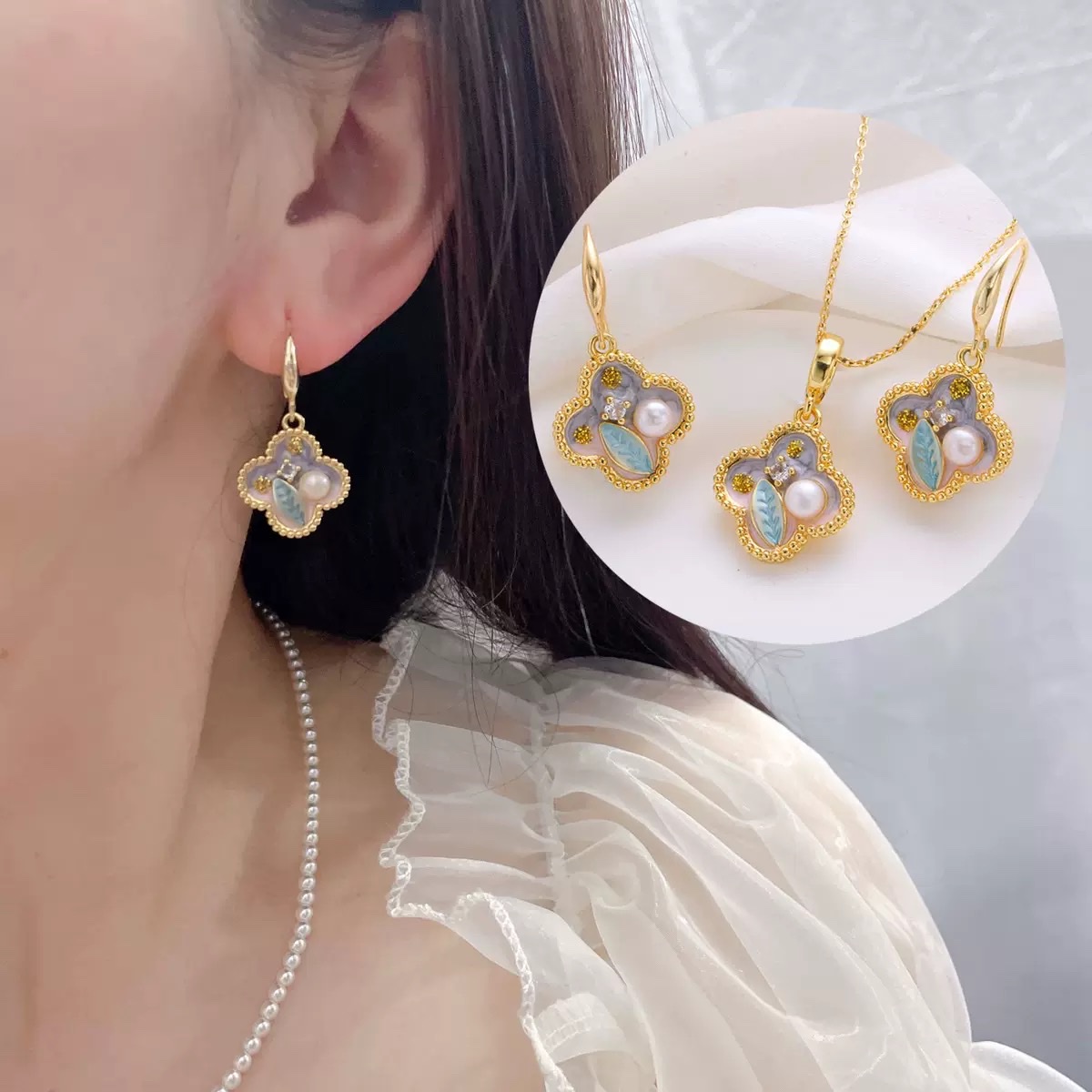 天然淡水珍珠吊坠耳钩套装四叶草莫奈花园油画风万能扣吊坠耳环 