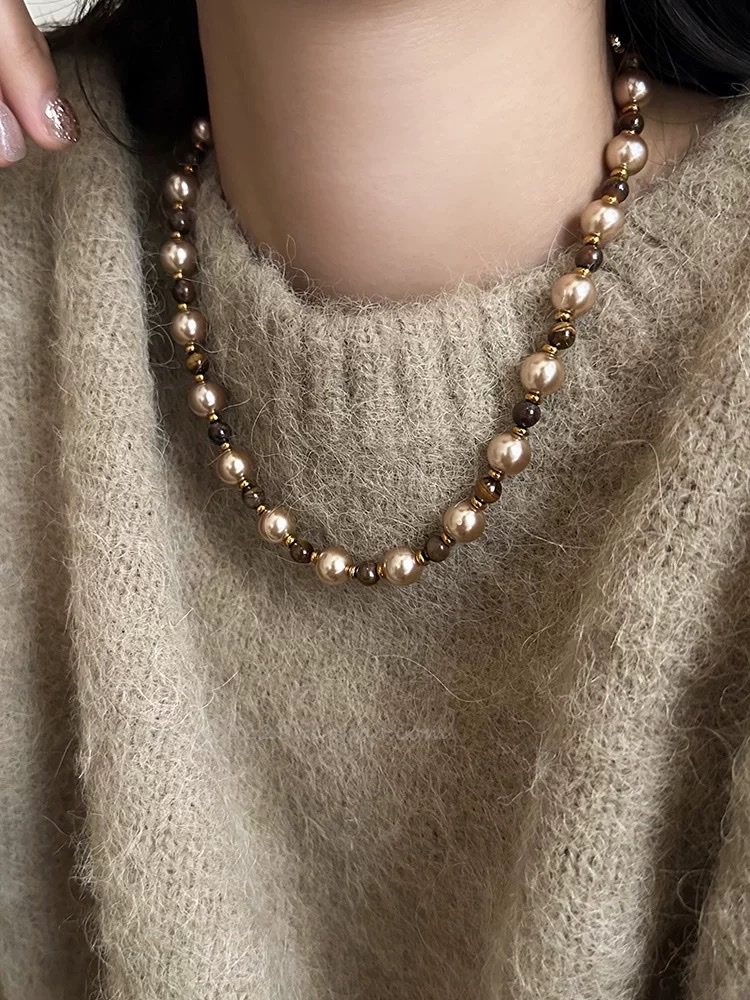 美拉德虎眼石款珍珠拼接项链女小众设计轻奢锁骨链气质毛衣链配饰锆石项链项链项链项链项链
