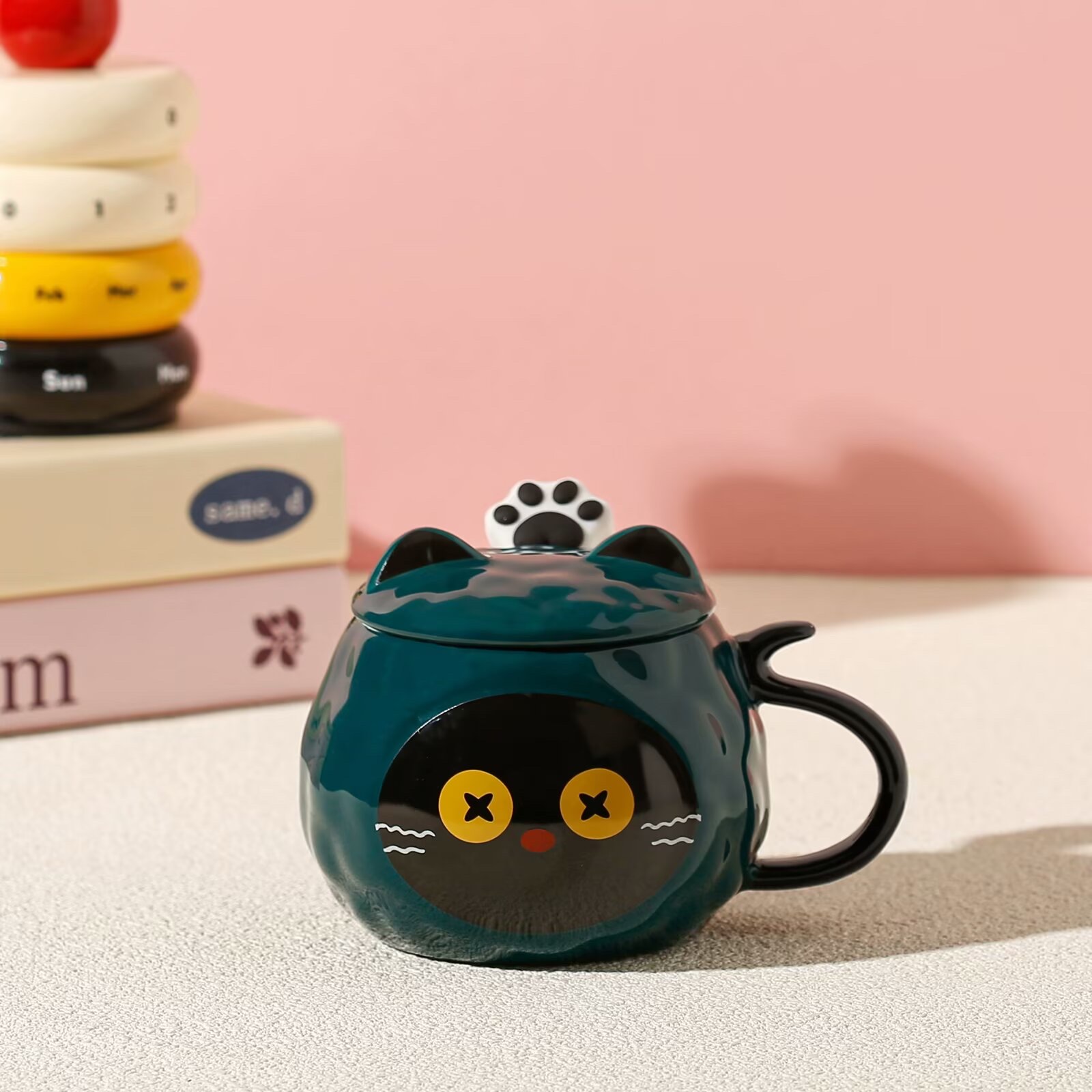 创意陶瓷马克杯牛奶早餐咖啡水杯礼品可爱猫咪带盖带猫爪勺红色粉色白色造型可爱女生卡通详情图4
