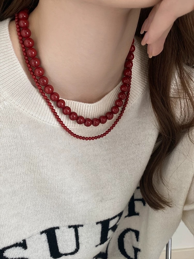 安可拉红色珍珠磁吸扣项链女轻奢气质锁骨链小众高级感颈链毛衣链项链项链详情图8