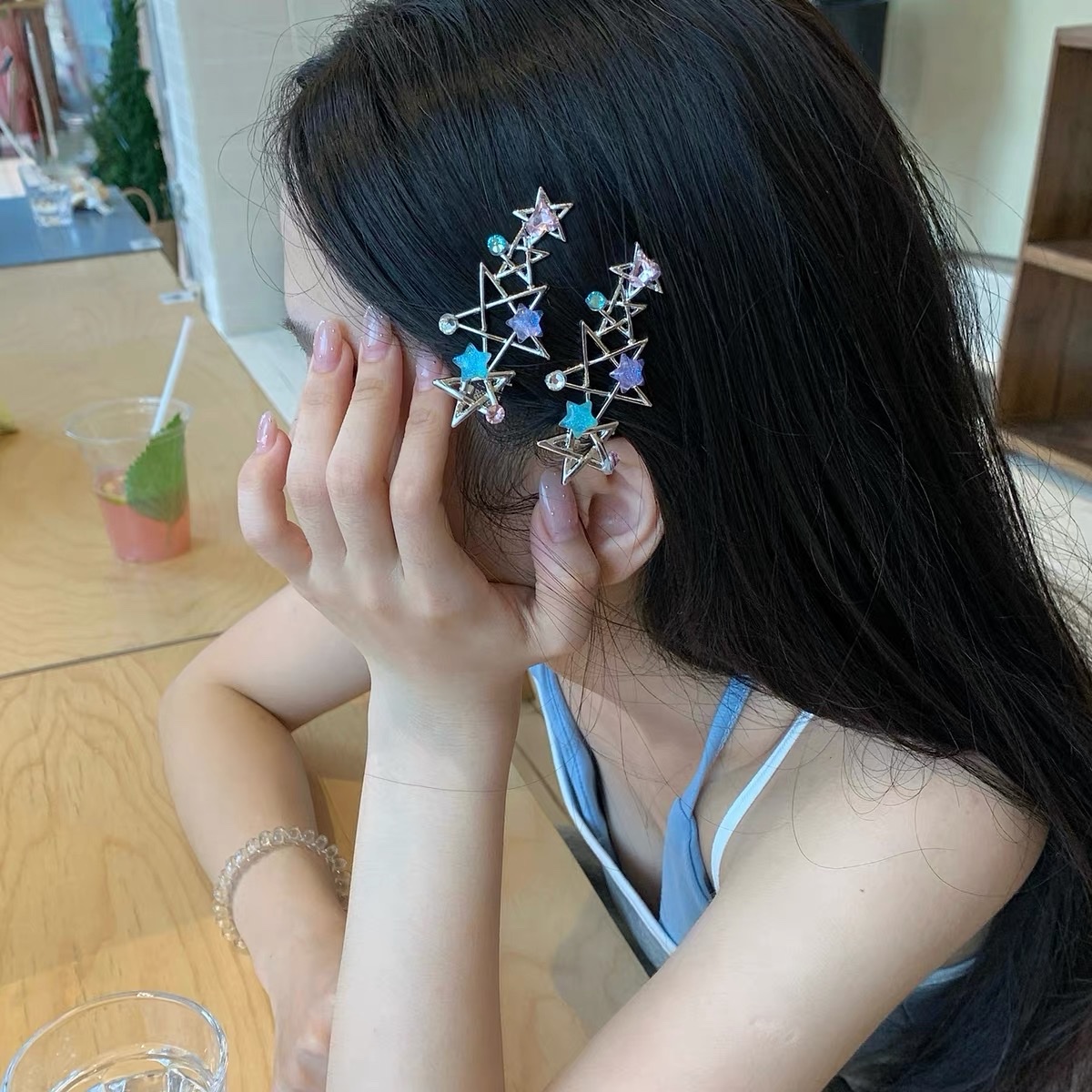 果冻水钻星星发夹甜美少女刘海夹金属边夹发卡百搭碎发夹子发饰品