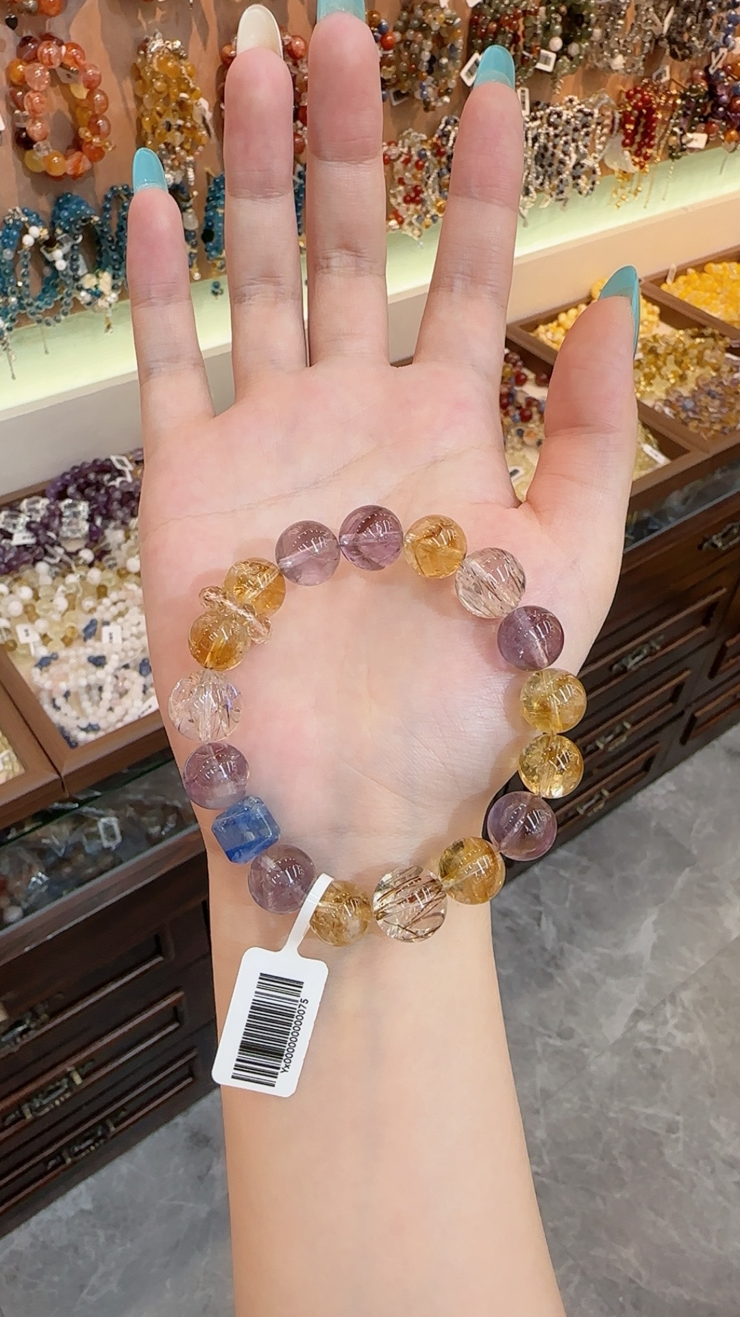 天然水晶 黑金超紫水晶黄塔晶蓝晶石原创设计款手串手链