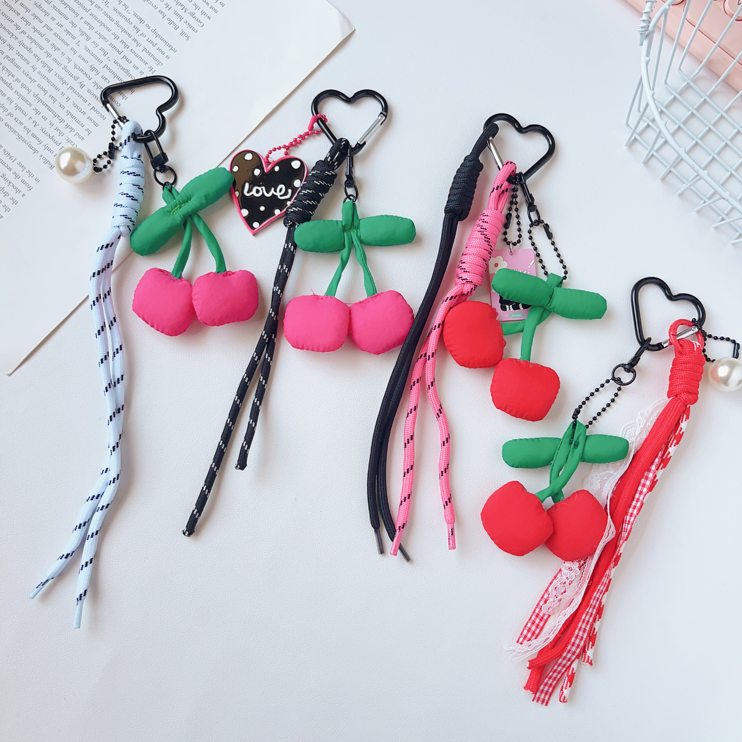 Cross-border y2k cute and niche design, unique fabric cherry hand-woven rope keychain bag, hanging suitcase for women