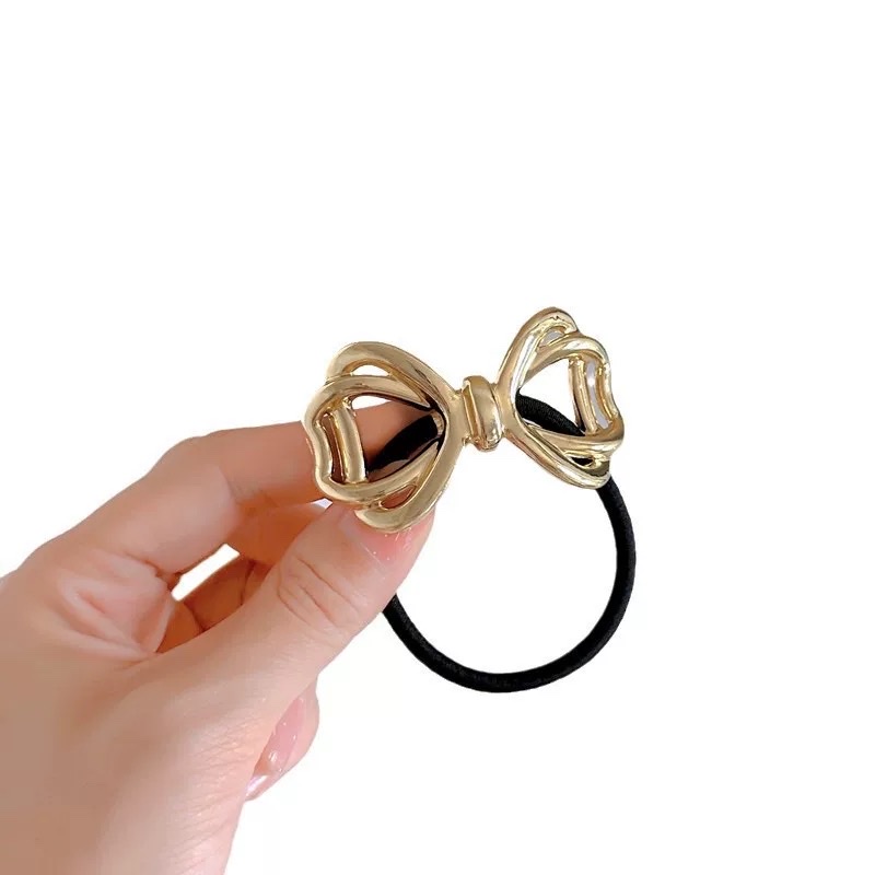 2025 New style metal bow hair tie, rubber band hair band, women's hair tie, headwear, high-end feel, gold and silver Item Picture