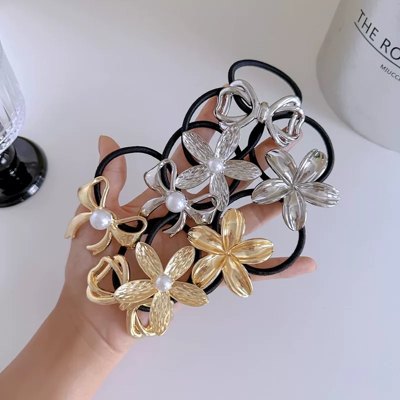 2025 New style metal bow hair tie, rubber band hair band, women's hair tie, headwear, high-end feel, gold and silver details Picture